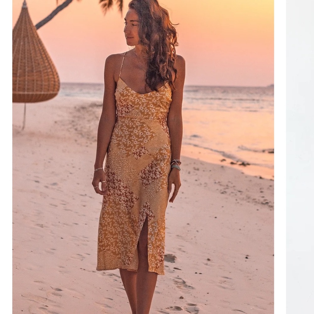 Floral Midi Dress in Yellow and Brown
